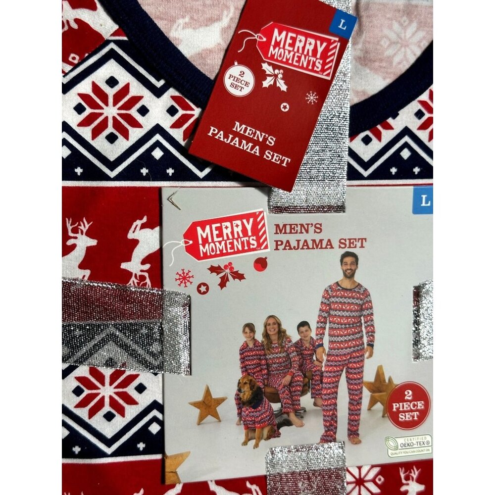 Merry Moments Men Pajama PJs Set 2 Piece Christmas Snowflake Print Sz L New